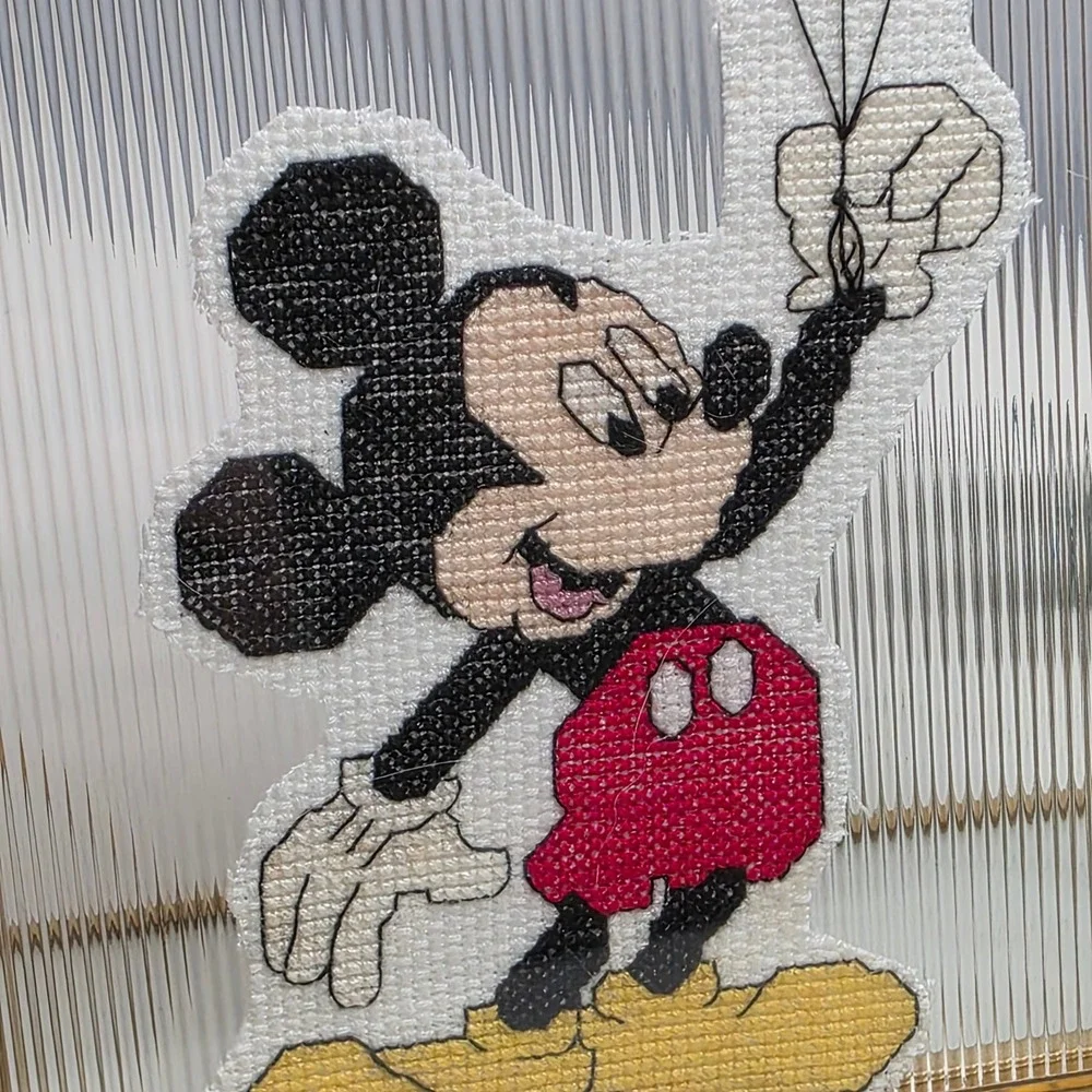 Vintage Mickey Mouse Cross Stitch Picture Gold Frame Holding Balloon Glass Decor